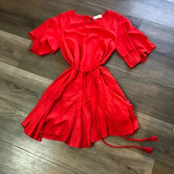 The Nines Red Flowy Mini Dress Tie Waist Bell Sleeves Womens Size Large - Picture 11 of 11